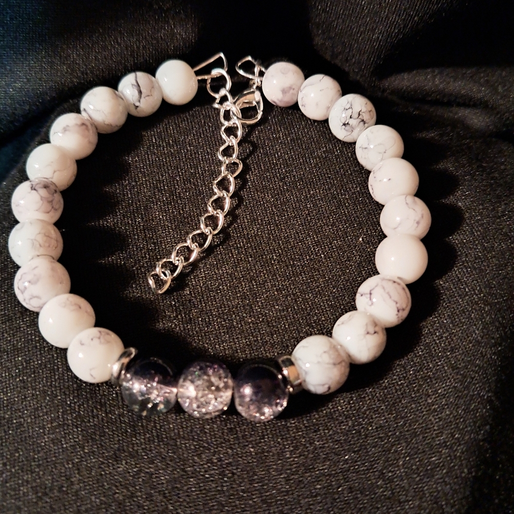 Handmade Black And Clear Crackle With White Marble Glass Beaded Bracelet